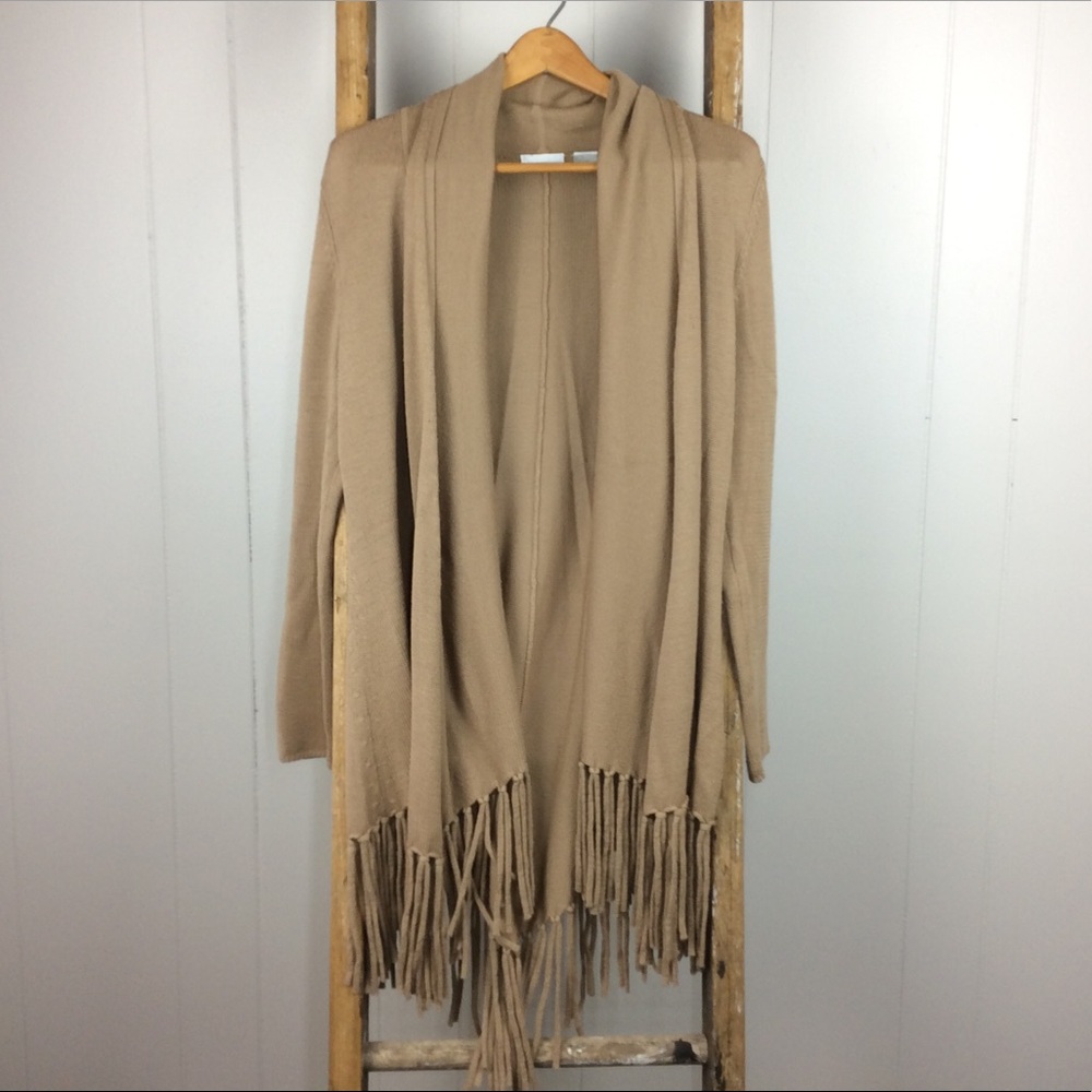 Anthro Bibelot Merino Wool Long Fringed Cowl Waterfall Cardigan